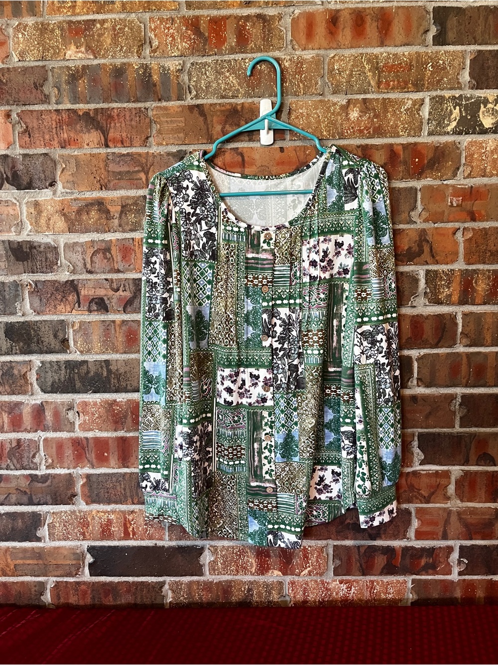 Green Patchwork Print Women's Long-Sleeve Top Size:Large
